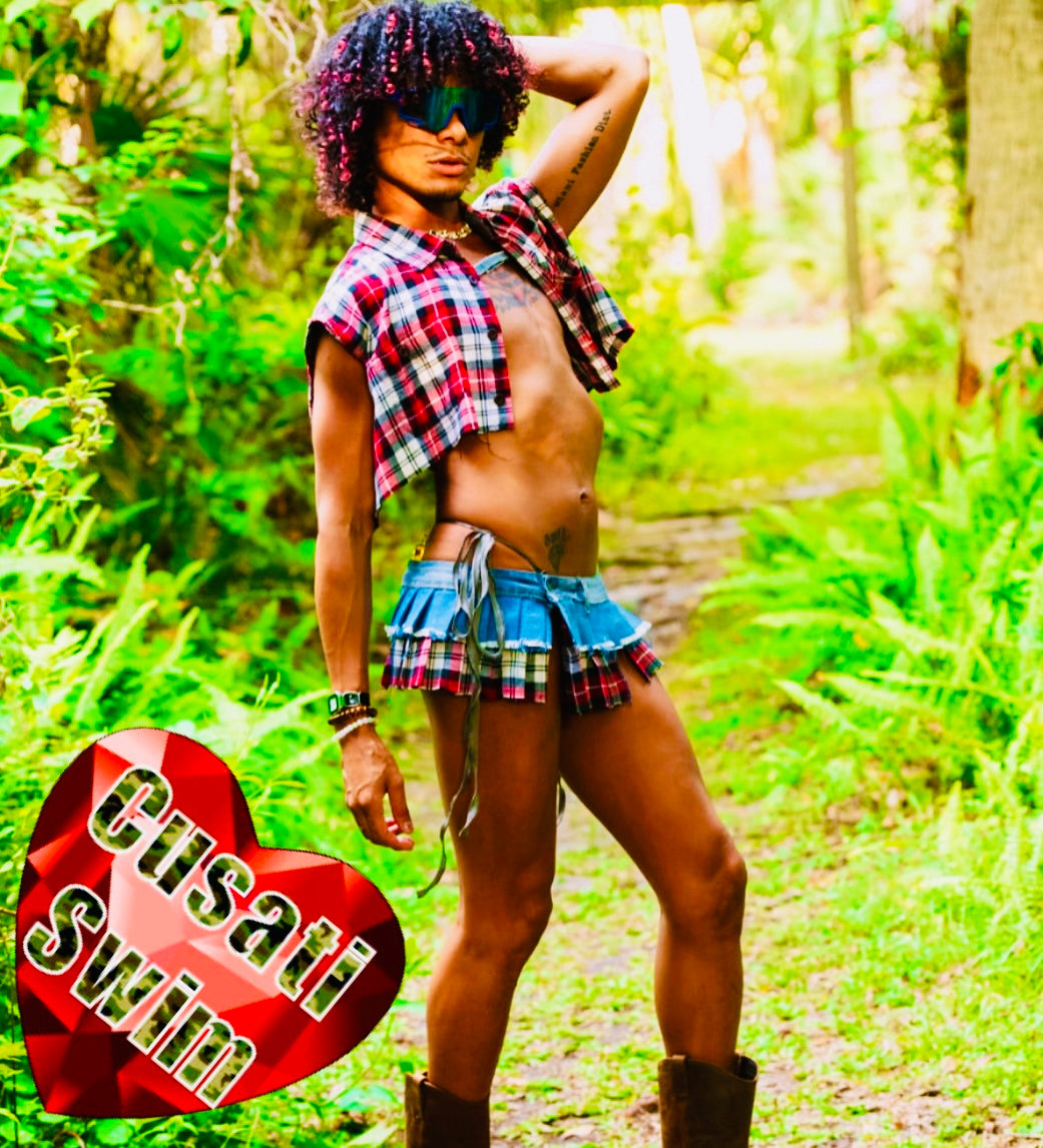 Upcycled Micro Crop Top & Pleated Skirt Set