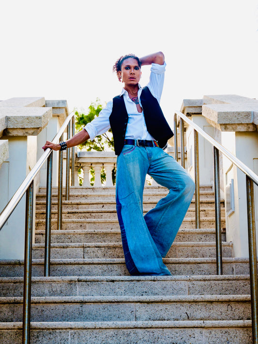 Upcycled Balloon Flare Jeans – Size 32