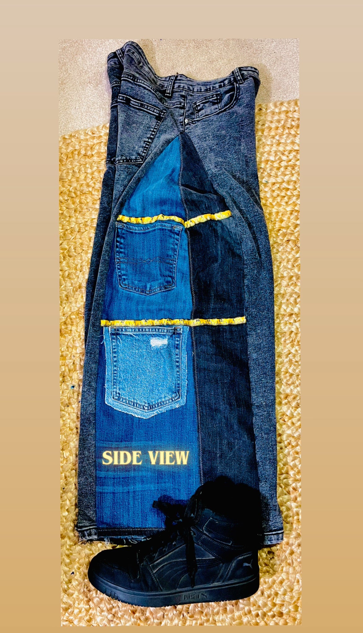 Upcycled Black Balloon Flare Jeans w/ Blue Panels – Size 30/32